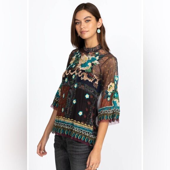 Johnny Was Renley Black Brown Blouse Sheer Mesh Floral Embroidered Size  XS - Picture 5 of 10
